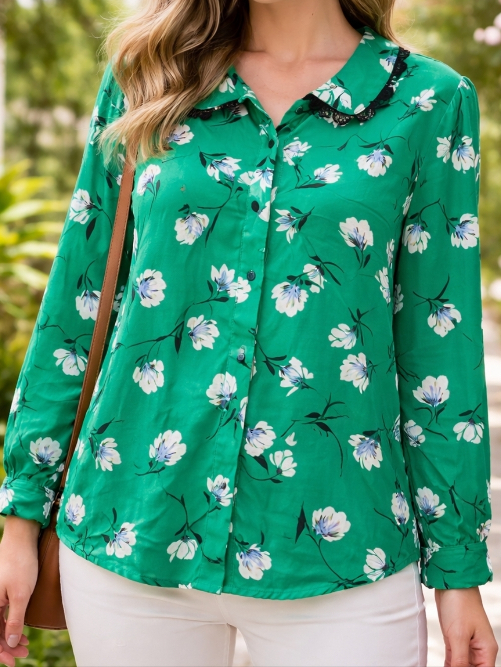 Cleo Green Floral Button-Up Blouse Peter Pan Collar Cottagecore Feminine Chic